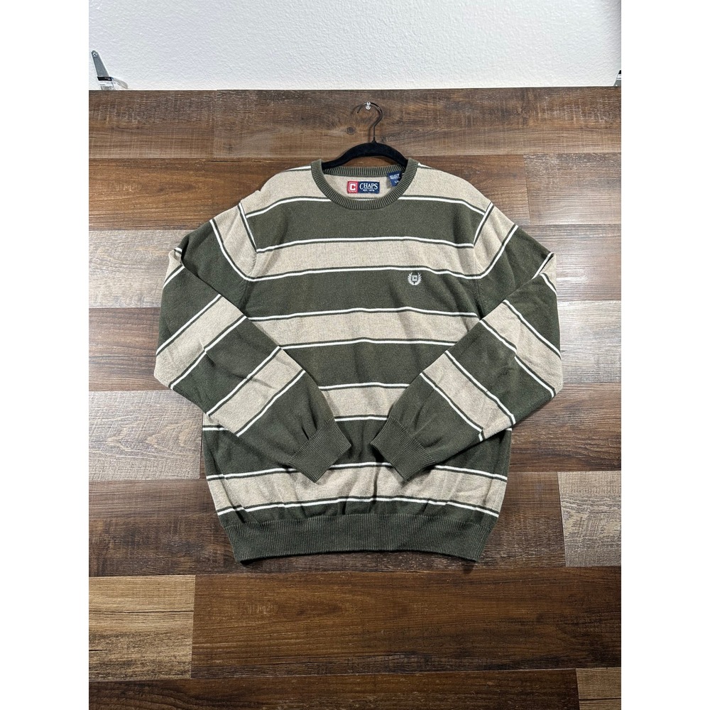 Chaps Mens Large Cotton Striped Crewneck Sweater Olive Green Tan Long Sleeve